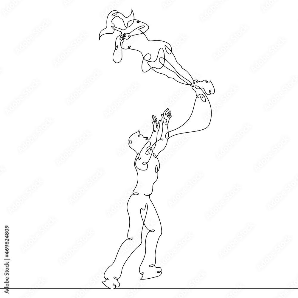 Figure skating. Dancing couple on ice. Ice dance. Portrait of woman and man figure skaters. Winter sports. One continuous line .One continuous drawing line logo isolated minimal illustration.