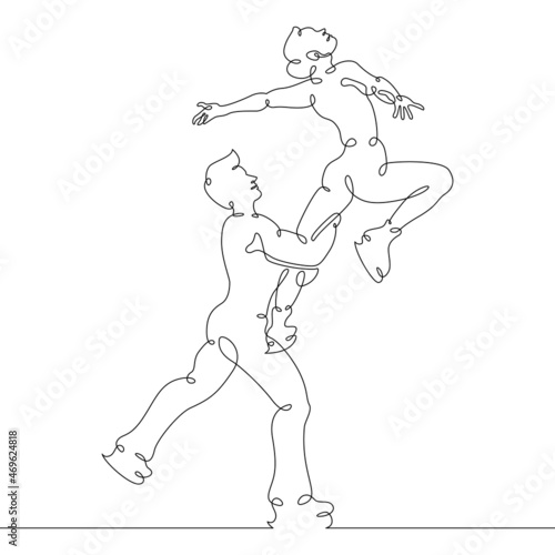 Figure skating. Dancing couple on ice. Ice dance. Portrait of woman and man figure skaters. Winter sports. One continuous line .One continuous drawing line logo isolated minimal illustration.