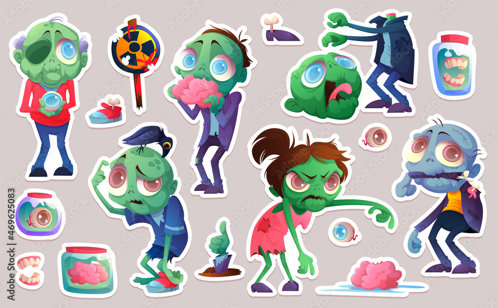 Set of stickers cartoon zombie, funny halloween characters, brain, eye ball, headless corpse with raised arms, jaw in glass jar, hand stick up from grave, hazard lollipop Vector illustration, clip art