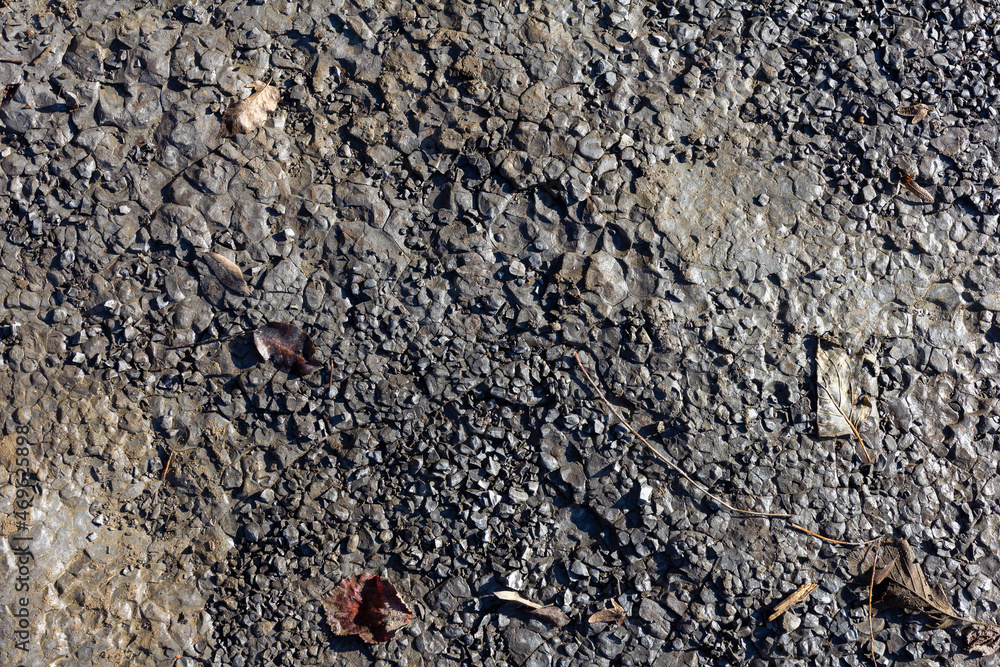 Autumn, the shallow stone-sandy bottom of a mountain river in the rays of the morning sun, close-up. Autumn, the shallow stone-sandy bottom of a mountain river in the rays of the morning sun, close-up.