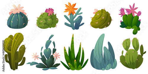 Cute cactuses, succulents and desert plants with flowers isolated on white background. Vector cartoon set of green prickly cacti with blossoms and spikes. Icons of houseplant and garden cactaceae
