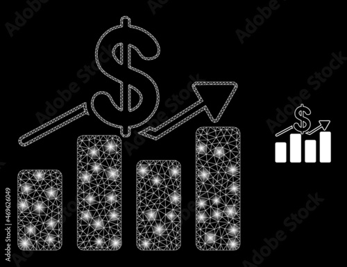 Glossy polygonal mesh web dollar trends icon with glitter effect on a black background. Network dollar trends iconic vector with glitter points in stardust colors.