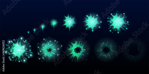 Fireworks explode effect for game animation, burst sprites, user interface GUI elements for videogame, computer or web design. Explosion frames, blue flash lights, Cartoon vector illustration, set