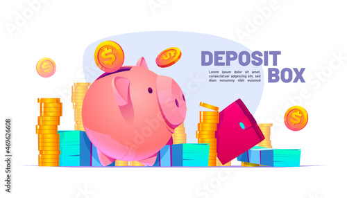 Deposit box banner with piggy bank, gold coins, purse and paper money. Vector poster of finance account and bank storage with cartoon illustration of moneybox, wallet and cash