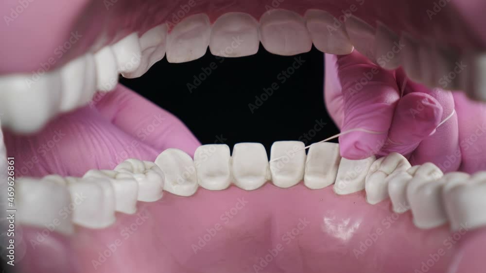 Showing or teaching on model how to care teeth with tooth flossing. Dental floss usage. Flossing Teeth With Floss on black background. Toothcare hygiene, Teeth Cleaning and caries prevention. 4 k Showing or teaching on model how to care teeth with tooth flossing. Dental floss usage. Flossing Teeth With Floss on black background. Toothcare hygiene, Teeth Cleaning and caries prevention. 4 k