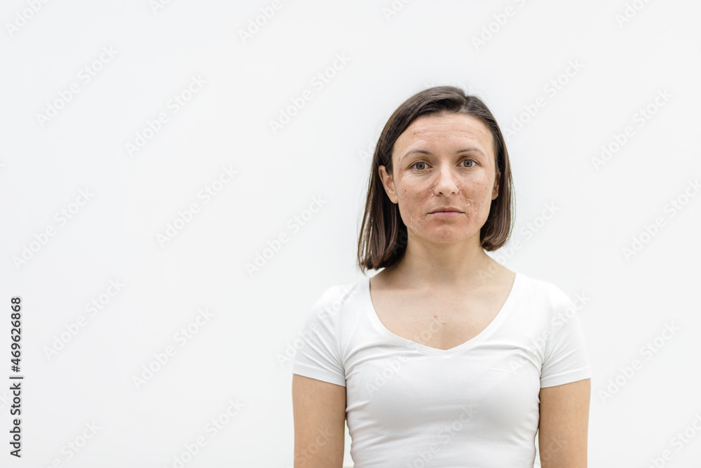 Photo of woman looking at camera on white background. Photo of woman looking at camera on white background.