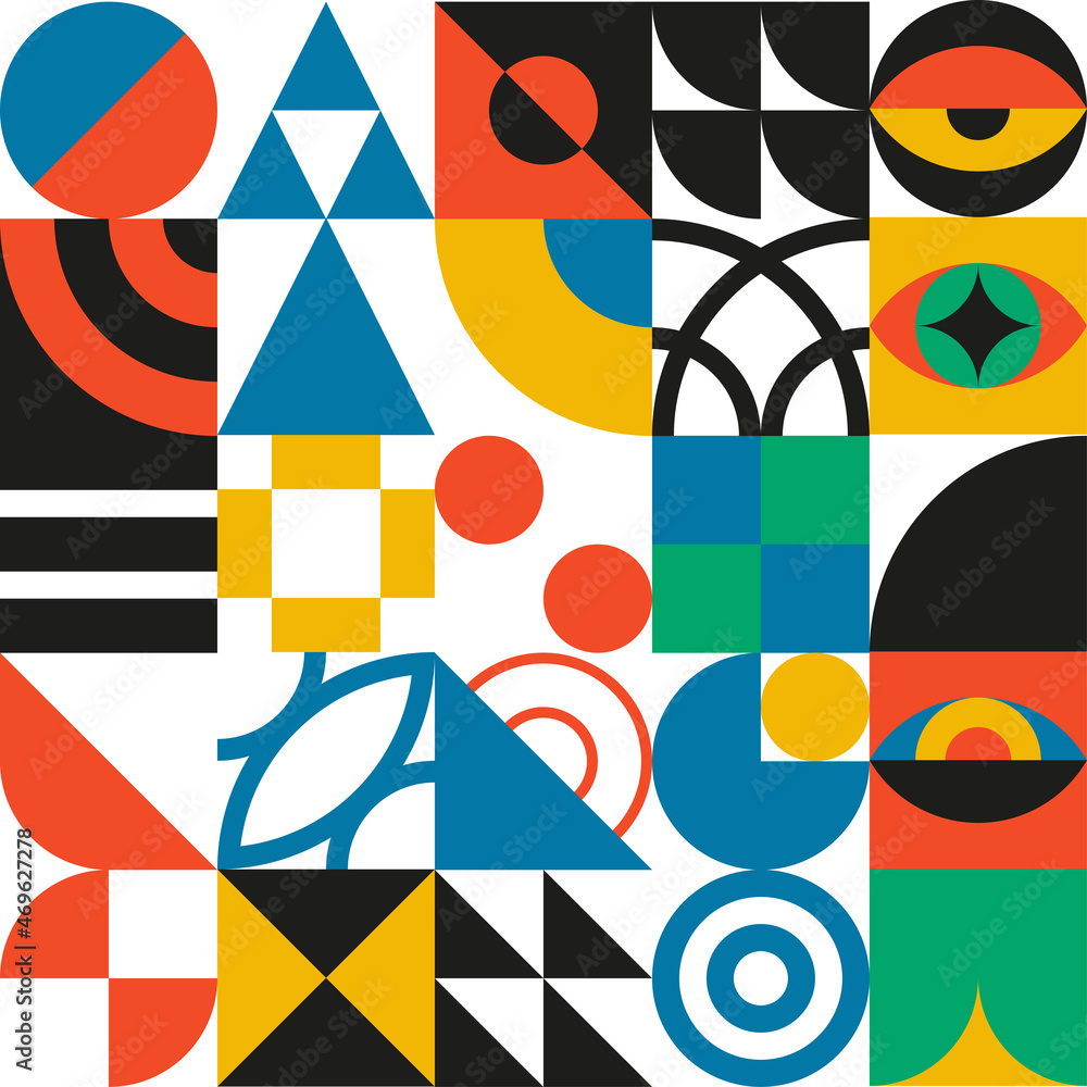 Bauhaus geometric design with eyes elements. Primitive modern shapes and forms. Vector interior posters, covers, banners.