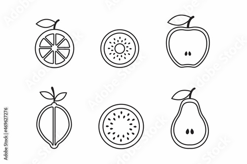 Collection of thin line icons representing fruit, healthy eating, healthy diet and healthy lifestyle