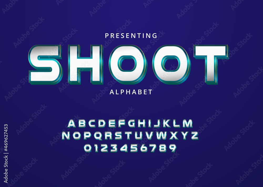 Modern sans serif custom style font, metallic alphabet letter and number