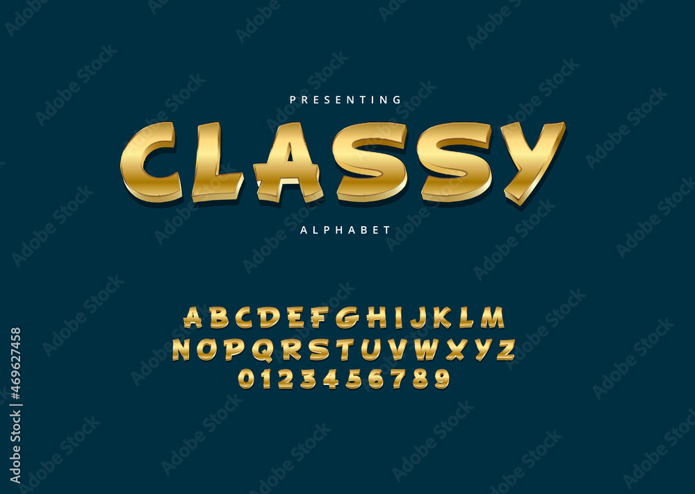 Classy display custom style font, metallic gold alphabet letter and number