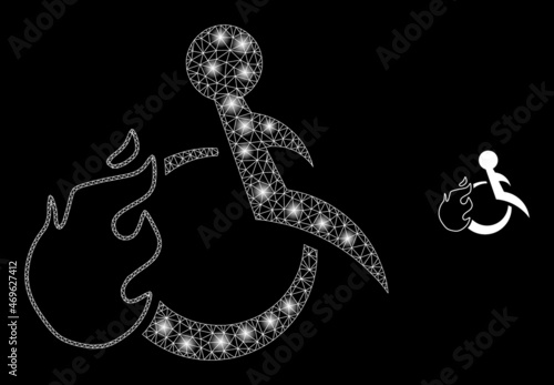 Glossy polygonal mesh net fired disabled person icon with glow effect on a black background. Wire frame fired disabled person iconic vector with glowing dots in magic colors.