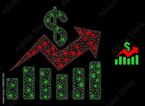 Glossy polygonal mesh net sales trend charts icon with glare effect on a black background. Wire frame sales trend charts iconic vector with glowing points in bright colors.