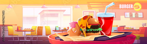 Fast food restaurant interior. Burger, pizza, donut and drink on tray in cafe. Vector cartoon illustration of empty fastfood canteen with counter, menu, tables and chairs
