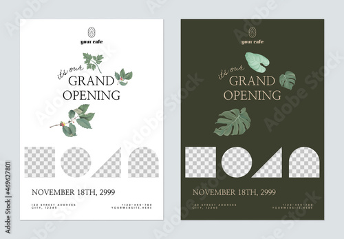 Foliage cafe grand opening flyer template decorated with various leaves, dark grey and white theme