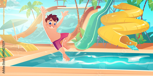 Boy jump in pool in aqua park with water slides, loungers and umbrellas. Vector cartoon tropical landscape with palm trees, resort aquapark and happy kid jumping in water