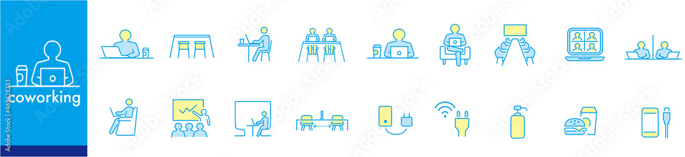 Co-working space line icon set. Included icons as coworkers, coworking, sharing office, business, company, work and more. - obrazy, fototapety, plakaty 