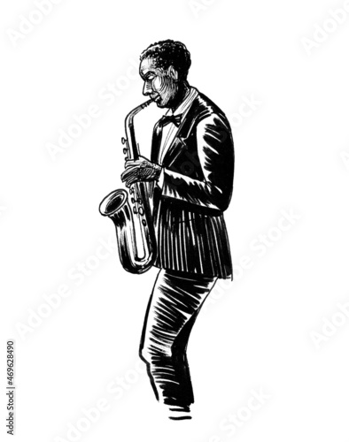 Photography Jazz musician playing saxophone. Ink black and white drawing