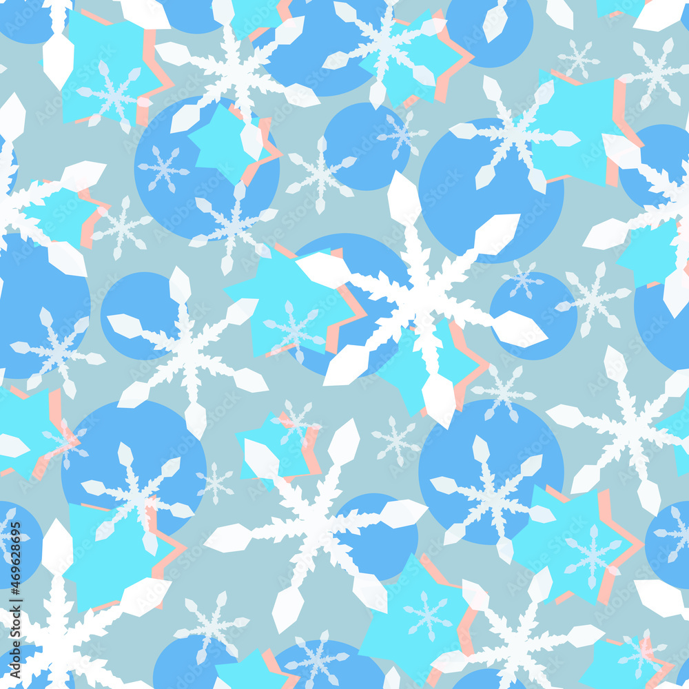 Children's seamless pattern of stars, snowflakes and balls. Pastel colors. Christmas print. 