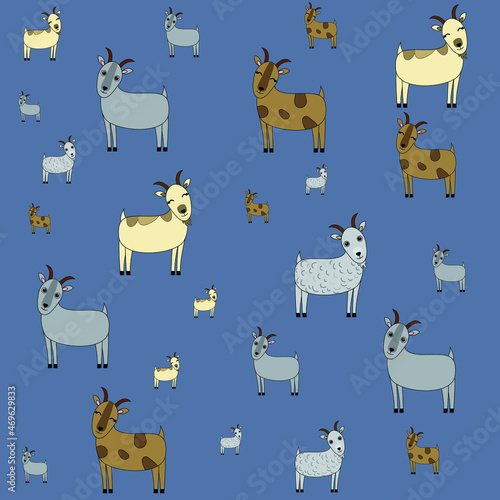 Goats pattern on a blue background. Cute animals