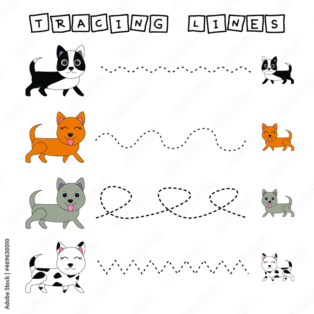 Developing an activity for children, the tracing the lines of cute dogs
