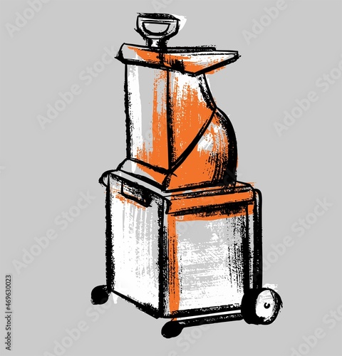 Garden equipment. Shredder of branches for compost. Illustration in the style of careless sketch and scrapbooking. Vector on an isolated background.