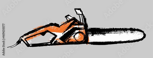 Garden equipment. Chain saw. Illustration in the style of careless sketch and scrapbooking. Vector on an isolated background.