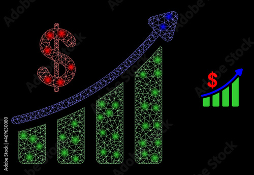 Glossy polygonal mesh net success financial chart icon with glare effect on a black background. Constellation success financial chart iconic vector with illuminated spheres in vibrant colors.