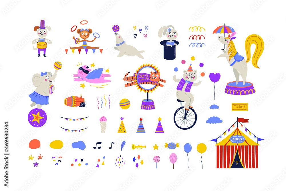 Circus cute animals set vector illustration