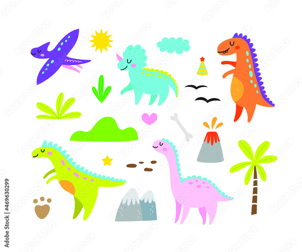 Fototapeta premium Set of cute dinosaurs vector illustration