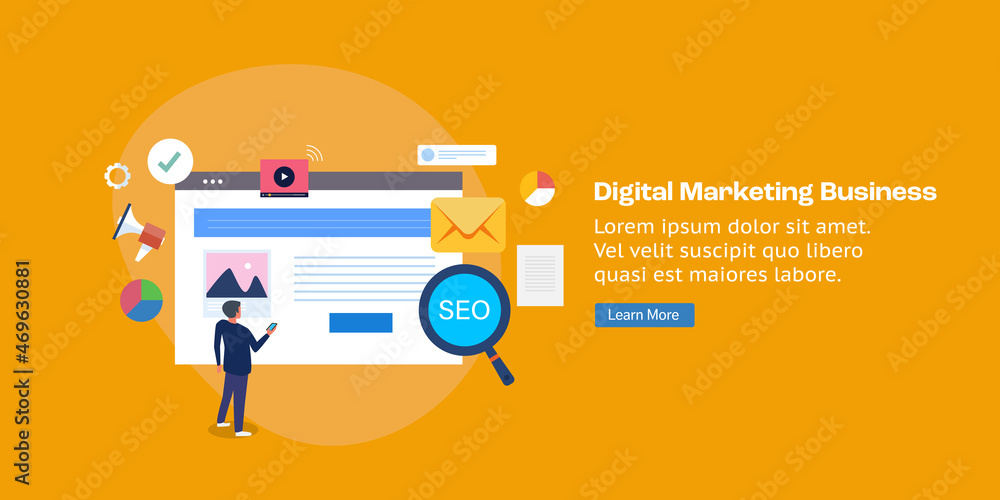 Digital marketing, seo optimization, social media and internet advertising, business strategy vector illustration concept of online marketing. Web banner template, technology communication. Digital marketing, seo optimization, social media and internet advertising, business strategy vector illustration concept of online marketing. Web banner template, technology communication.