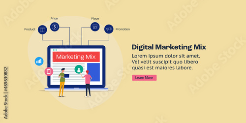 Business people with digital marketing mix concept, 4ps of marketing online conceptual web banner template with character and text.