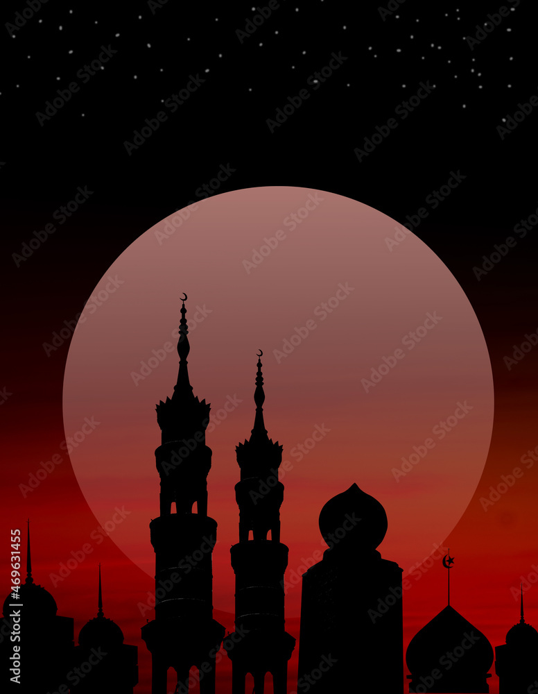 Ramadan kareem religion symbols. Mosques Dome in twilight night with Moon and sky dark black background. for eid al-fitr, arabic, Eid al-adha, new year muharram concept.
