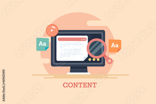 Content management, digital content marketing, information technology, online business, content development and publication concept, flat design abstract web banner template.