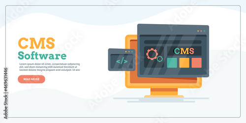 Cms- content management system, blogging software application, web content marketing and publication, internet communication technology, flat design web banner template with text.