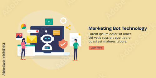 Marketing automation technology, Artificial intelligence, AI robot automation software system processing business solution, social media, digital communication, customer support. Web banner template.