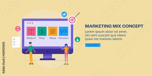 Marketing mix, business people, marketing experts introducing marketing strategy to company, product, price, place, promotion, 4ps of marketing with paper checklist. Flat design web banner template.