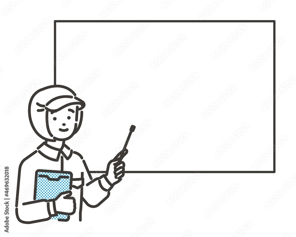 指示棒を持ってホワイトボードを指す食品工場や給食職員のベクターイラスト素材 病院 工場 調理師 説明 教える アイコン Stock Vector Adobe Stock