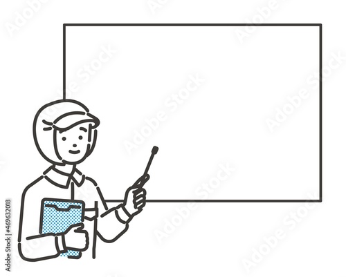 指示棒を持ってホワイトボードを指す食品工場や給食職員のベクターイラスト素材／病院／工場／調理師／説明／教える／アイコン　