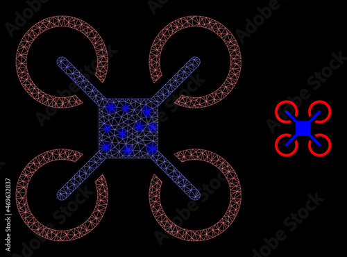 Glossy polygonal mesh net quadcopter icon with glitter effect on a black background. Wire frame quadcopter iconic vector with shiny points in magic colors. Abstract 2d mesh designed with triangles,