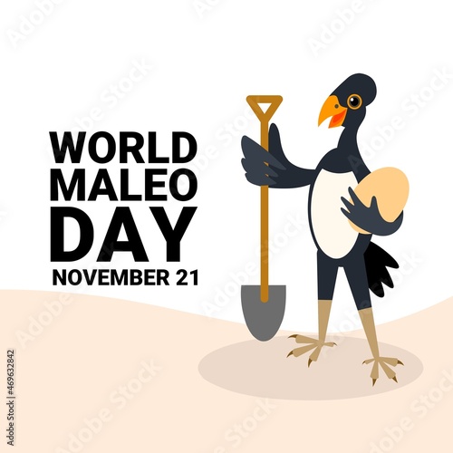 Vector illustration, maleo bird cartoon character carrying an egg and shovel, as a banner or poster for world maleo day. photo