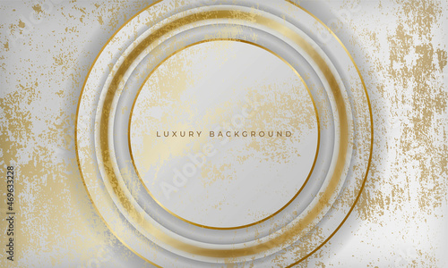 Abstract luxury circle shape design on white background with gold lines and grunge marble texture.