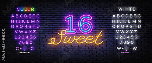 Sweet 16 neon sign vector design template. Happy Birthday neon banner, design element colorful modern design trend, night bright advertising, bright sign. Vector. Editing text neon sign