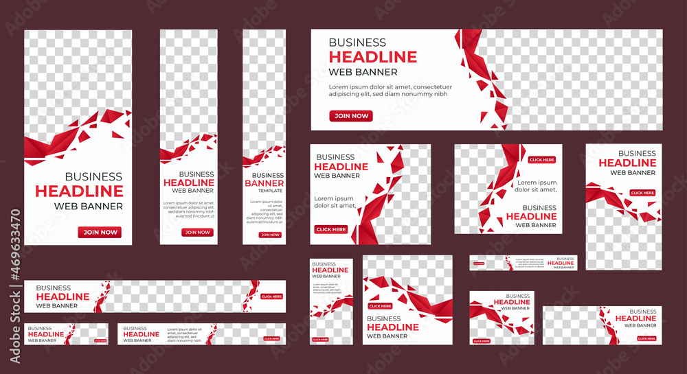 Design of vector white banners of standard sizes with a place for a photo. Vertical and horizontal web templates with semicircular elements and a button.