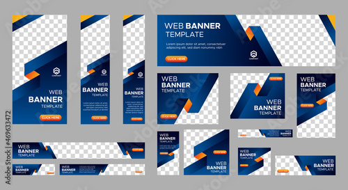 Design of vector blue banners of standard sizes with a place for a photo. Vertical and horizontal web templates with semicircular elements and a button.