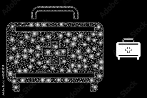 Glossy polygonal mesh net first aid case icon with glare effect on a black background. Constellation first aid case iconic vector with glitter points in vibrant colors.