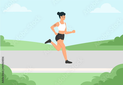Young cute girl, running in the morning, illustration concept.