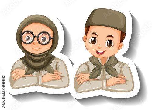 Couple muslim kids wear safari outfit cartoon character sticker