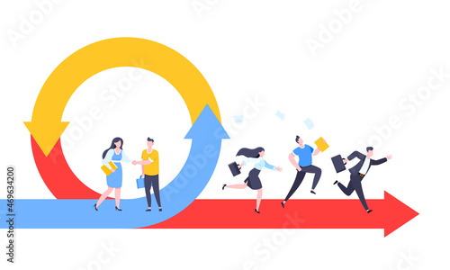 Agile development methodology business concept flat style design vector illustration isolated on white background. Agile life cycle for software development diagram. Business people run into project.
