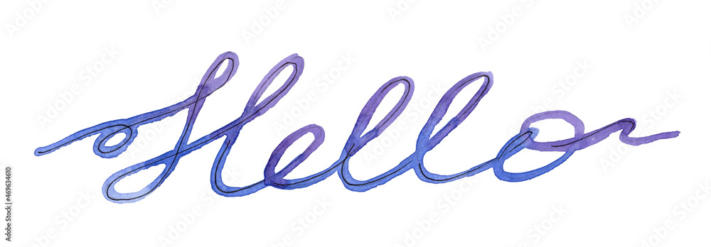 Watercolor blue one line lettering Hello on white background. Hand drawing design one line text Watercolor blue one line lettering Hello on white background. Hand drawing design one line text