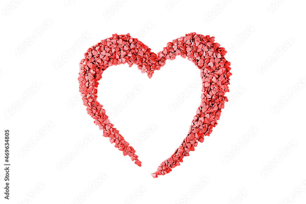 Heart shape candy red hearts background of cake sprinkles in flat lay with copy space, feminine blogger or festive love gift and Valentine's Day concept. isolated. Small hearts minimal on white